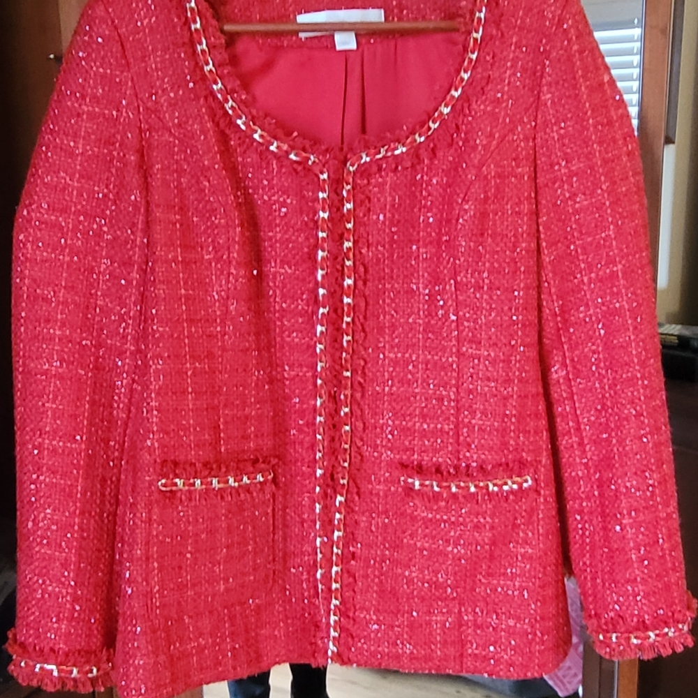 Beautiful Boston Proper red jacket with gold tread, gold chain accents.